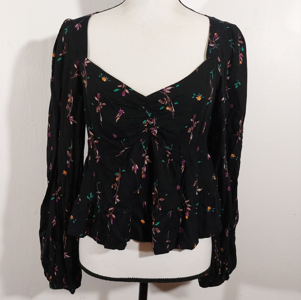 AFRM Black Rose Garden Floral Print Ruched Center Long Sleeve Cropped Top Size M